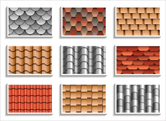 Set of seamless roof tiles textures. 3D patterns of rooftop materials © UltimaSperanza