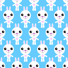 Obraz premium Vector seamless background. Kawai rabbit on the blue background, cartoon bunny.