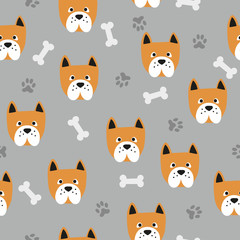 Seamless cute dog pattern. Vector background with bulldogs, paws and bones.