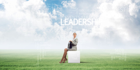 Attractive business lady or accountant outdoors on white box