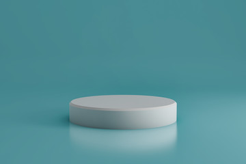 Round white stage podium with blue backdrop. Pedestal. Scene for award ceremony. 3d rendering.