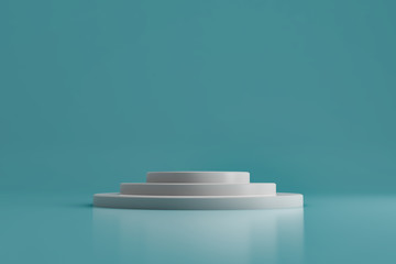 Round white stage podium with blue backdrop. Pedestal. Scene for award ceremony. 3d rendering.