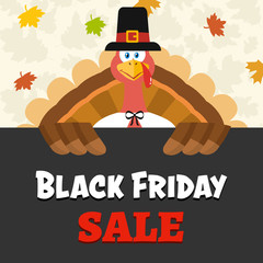 Pilgrim Turkey Bird Cartoon Mascot Character Over A Sign Black Friday Sale. Vector Illustration Flat Design Over Background With Autumn Leaves