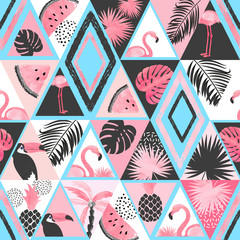 Seamless tropical pattern in patchwork style. Vector trendy background with flamingo, palm leaves.