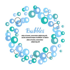 Blue bubbles circle frame. Water bubbles background. Soap vector illustration.