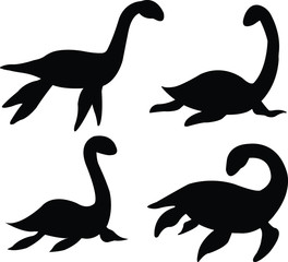 Loch nessie set silhouette on white backgroung vector illustration flat desing