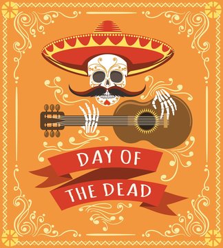 Mexican dead day poster. Latino mexico halloween day party card with skull, mexican hat and spanish guitar vector illustration