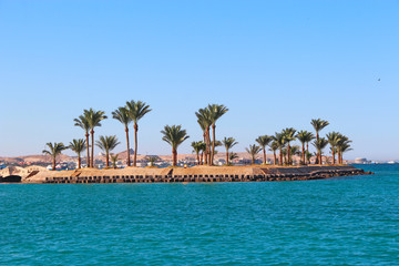 Fototapeta na wymiar View of tropical island with palm trees in sea. Paradise island