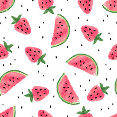 Seamless watercolor watermelon and strawberry pattern.