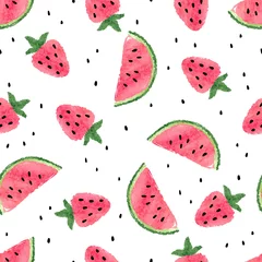 Deurstickers Watermeloen Naadloze aquarel watermeloen en aardbei patroon.