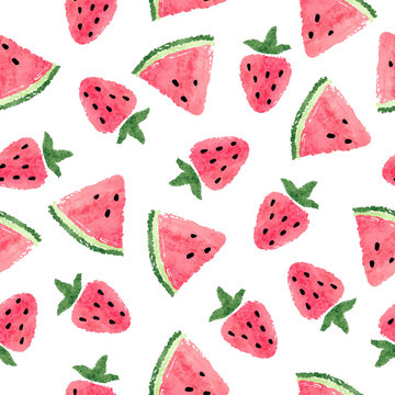 Seamless watermelon and strawberry pattern. Vector watercolor fruit background.
