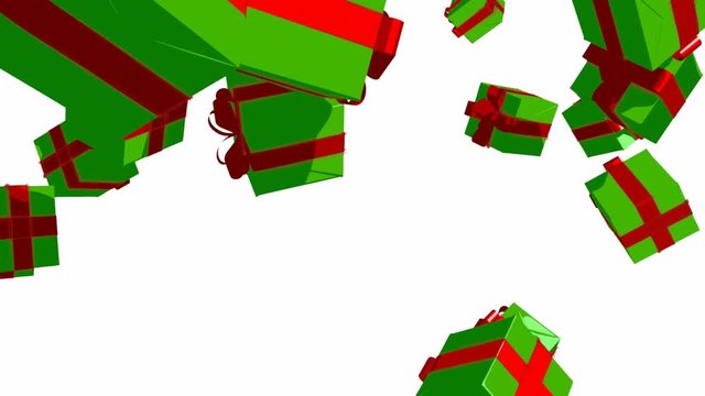 A collection of illustrated vector falling cube shaped gifts wrapped in green wrapping paper and bound with a neat red bow and ribbon on a white background