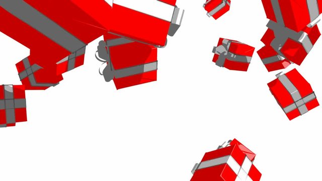 A collection of illustrated vector falling cube shaped gifts wrapped in red wrapping paper and bound with a neat silver bow and ribbon on a white background