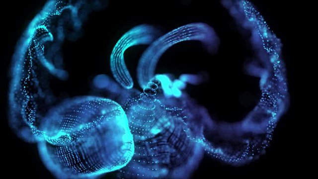 Rotating 360 degree of human brain. Glowing blue light particles point of human brain model. Seamless looping motion animated neurons in 3d virtual space.