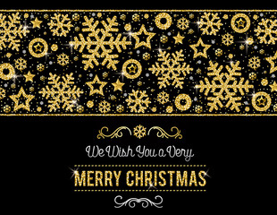 Black christmas card with  frame of golden glittering snowflakes and stars, vector illustration