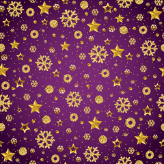 Purple Christmas pattern background with golden glittering snowflakes and stars,  vector illustration