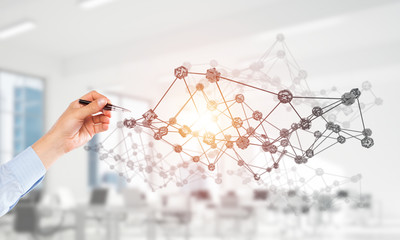 Network and future technology as connection lines in office. Mixed media