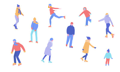 People skate, women, girls, men, children. Set of vector illustrations of people in a flat style isolated on white background.