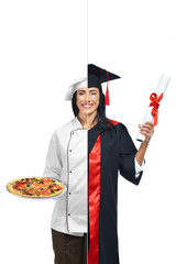 Cute girl in two occupations of pizza maker and graduate.
