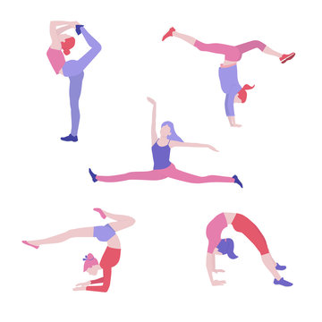 Girls in various sport gymnastic poses isolated on white background, vector illustration in flat style. People play sports, set.