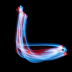 Letter L of the alphabet made from neon sign. The blue light image, long exposure with colored fairy lights, against a black background