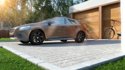 Modernes Elektroauto zu Hause Strom tanken braunes SUV mit E-Bike im Hintergrund