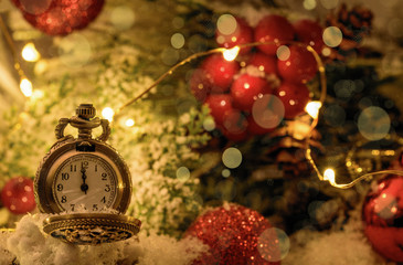 Vintage New year clock and cones covered with snow