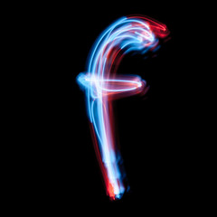 Obraz premium Letter F of the alphabet made from neon sign. The blue light image, long exposure with colored fairy lights, against a black background