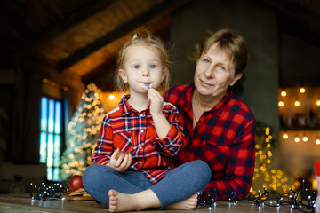 Fototapeta na wymiar Family portrait of grandmother and granddaughter at home on Christmas morning with decorated Christmas tree with lights on the background.Christmas morning concept.