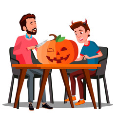 Father And Son Making A Pumpkin For Halloween Vector. Isolated Halloween Illustration
