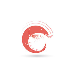 Template of logo with shrimp in the shape of circle. Creative vector symbol of seafood restaurant or fishing company. Icon isolated on the white background.