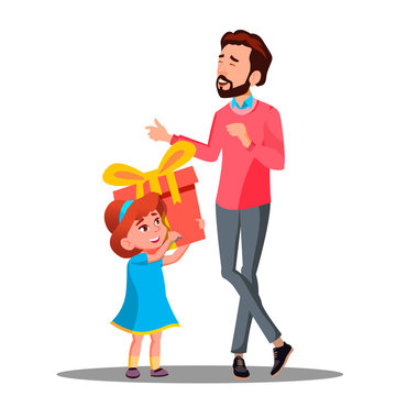 Little Daughter Gives Gift To Dad Vector. Isolated Illustration