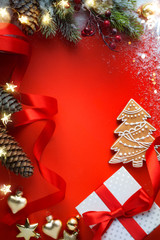  Christmas greeting card background;  Christmas Gift and  Christmas tree Ornament On Table ;