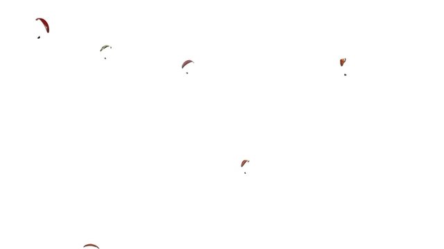 group of paragliders flying against white sky background