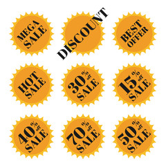 Sale stickers set in flat sun. Mega sale, discount, best offer, hot sale, 30 15 40 70 50 % off sale