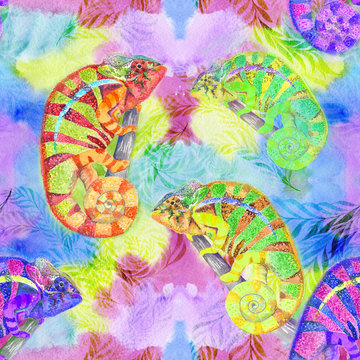 Chameleons. Watercolor background image. Seamless pattern. Use printed materials, signs, items, websites, maps, posters, postcards, packaging.