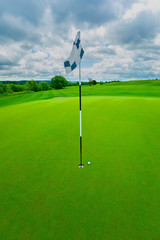 Obraz premium golf ball in the green grass close to the hole