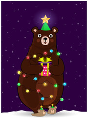 Cute bear in christmas tree hat wind round with garland on night snowy background.