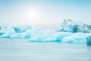 Blue icebergs in Jokulsarlon glacial lagoon in Iceland