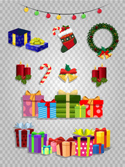 Vector Christmas set of cute cartoon festive attributes on transparent background.