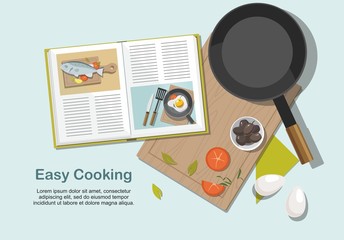 Cooking consept. Recipe book,  frying pan and food. Top view.  - 234664453