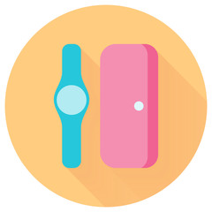 Fashion business lady vector logo with cyan clock and pink woman wallet with long shadow.