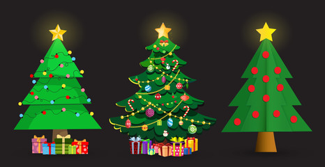 Set of cute cartoon Christmas fir trees on black background