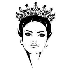 Woman in crown. Queen Black and white silhouette