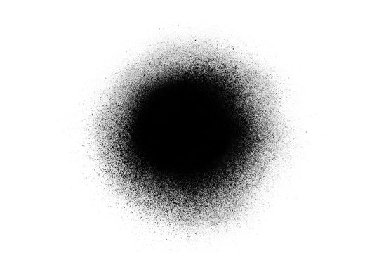 Close-up of a black spray paint spot, isolated on white background.