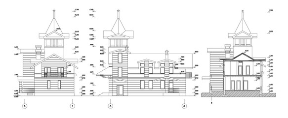 Set of wooden log private house or church facades with a tower, detailed architectural technical drawing, vector blueprint