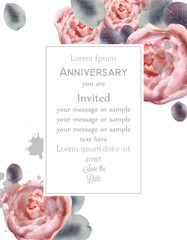 Peony flowers card Vector watercolor. Floral decor. Anniversary backgrounds