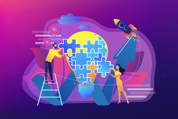 Business team doing lightbulb from jigsaw puzzle and rising arrow. Creative idea and insight, notion, invention concept on ultraviolet background. Bright vibrant violet vector isolated illustration