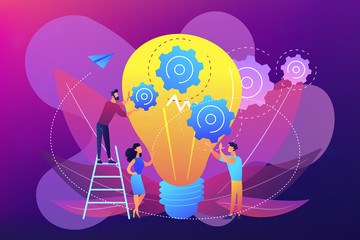 Huge lightbulb and business team holding gears. Teamwork and collaboration, goal achievement, colleagues concept on ultraviolet background. Bright vibrant violet vector isolated illustration