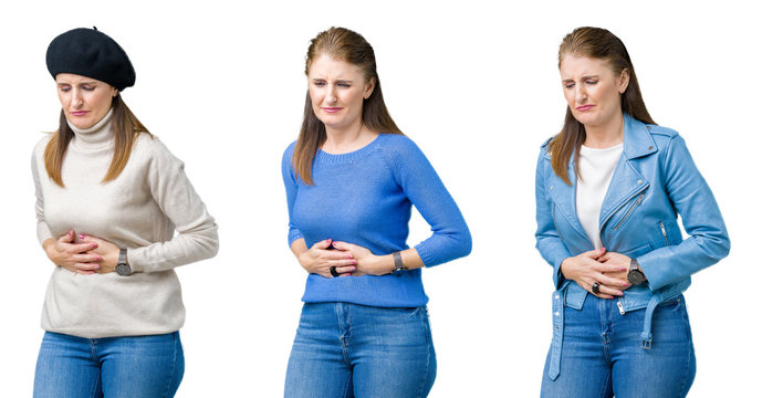 Collage of beautiful middle age woman over isolated background with hand on stomach because nausea, painful disease feeling unwell. Ache concept.